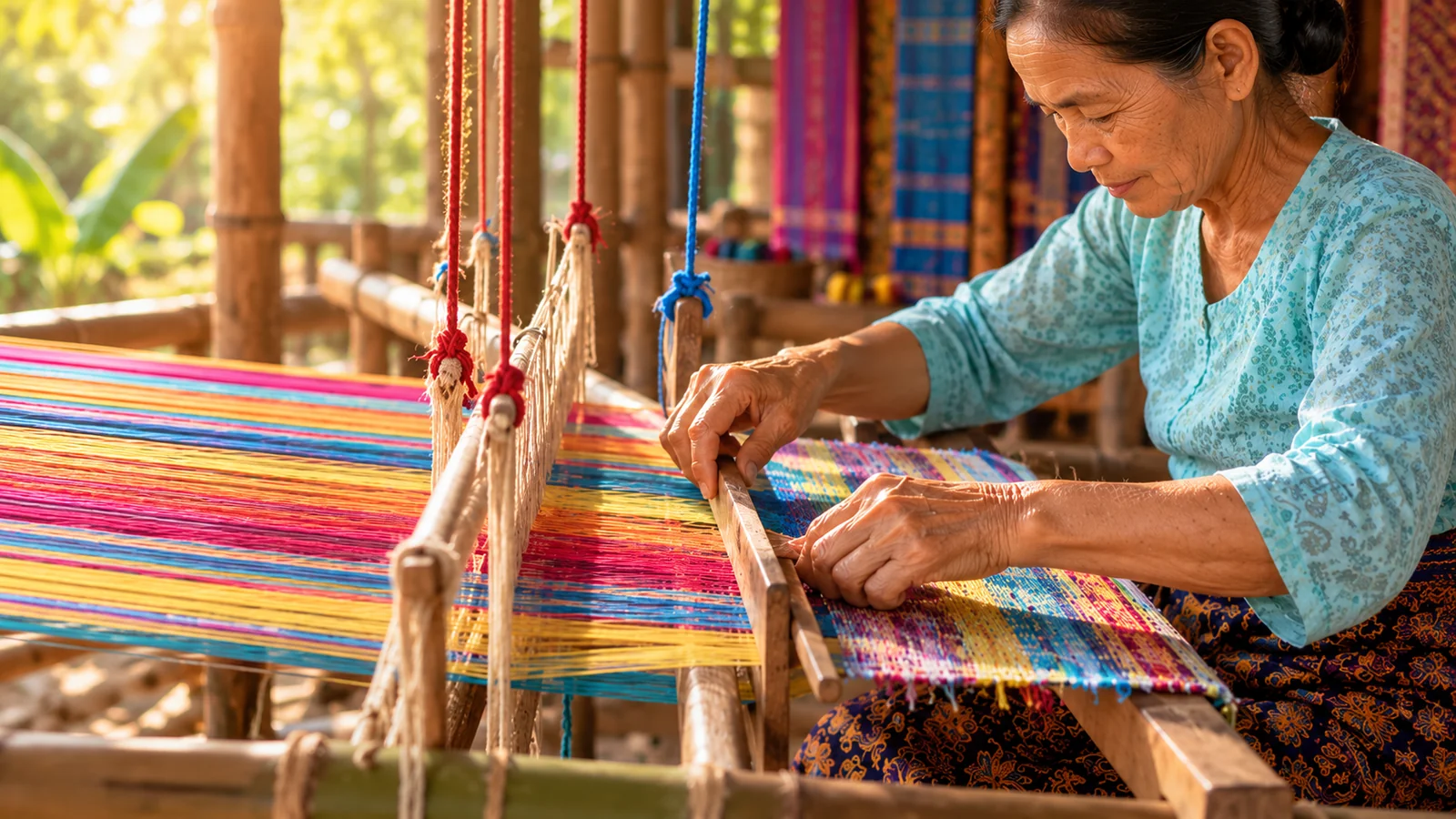 An illustration of colorful weaving on a handloom