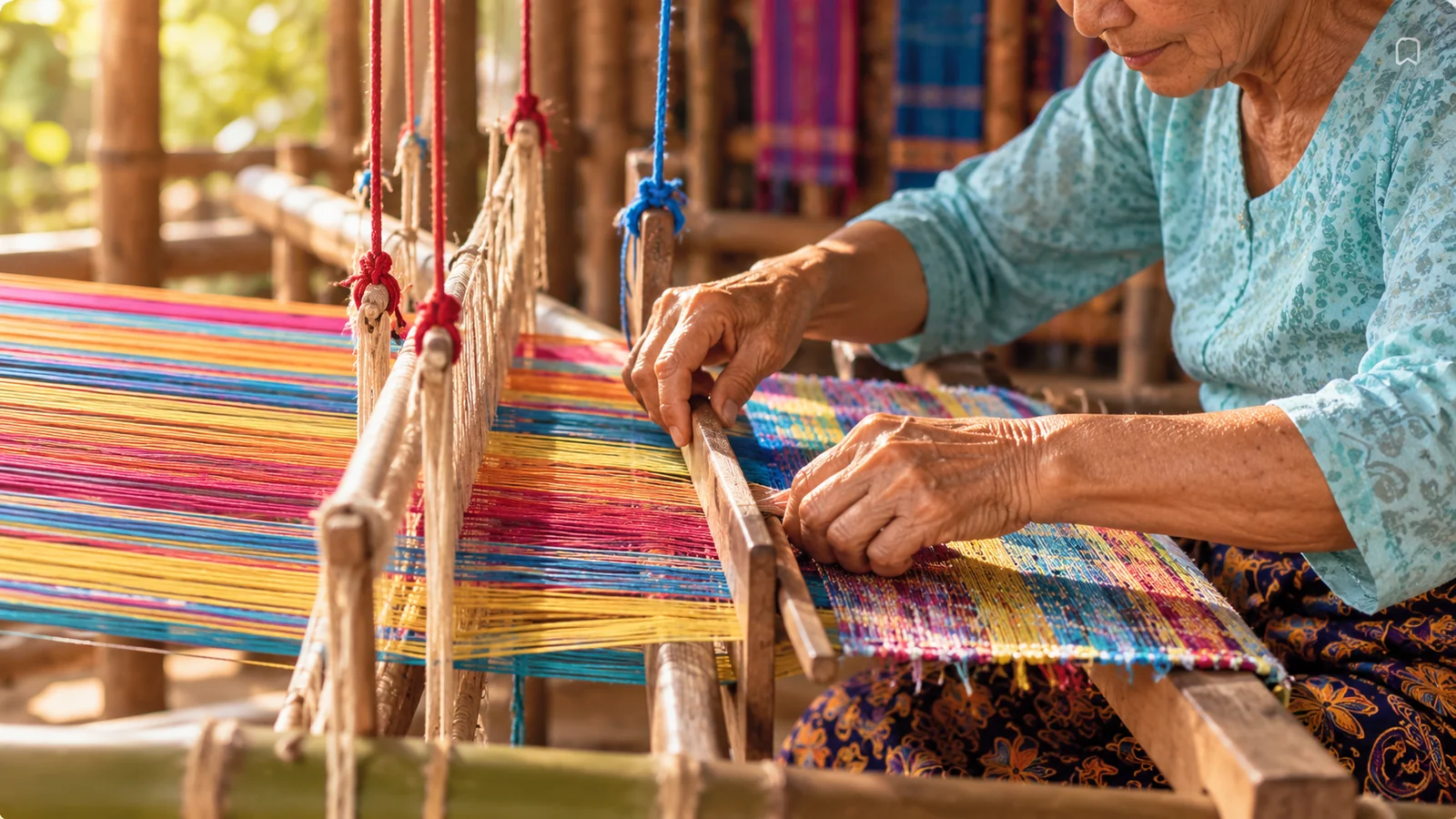 AI-generated illustration of hands working at a colorful loom