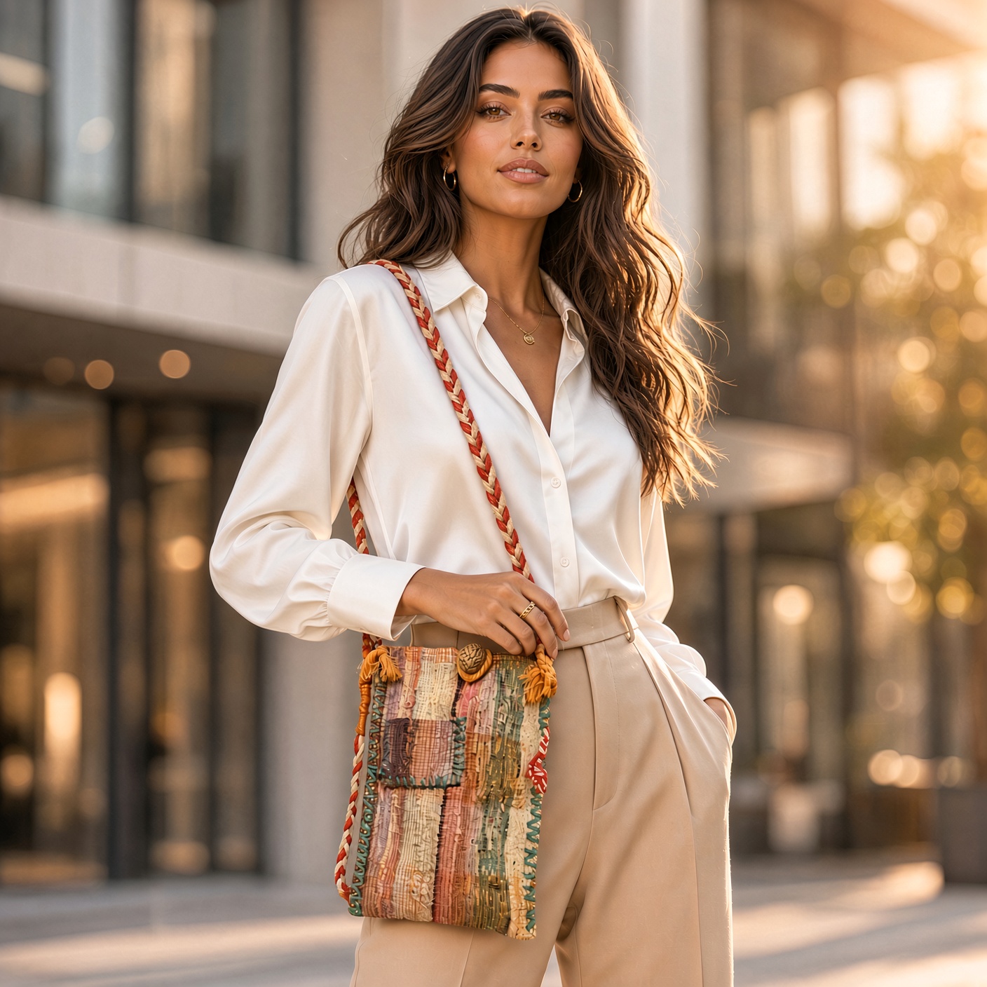 Model wearing a small rectangular textile phone crossbody bag